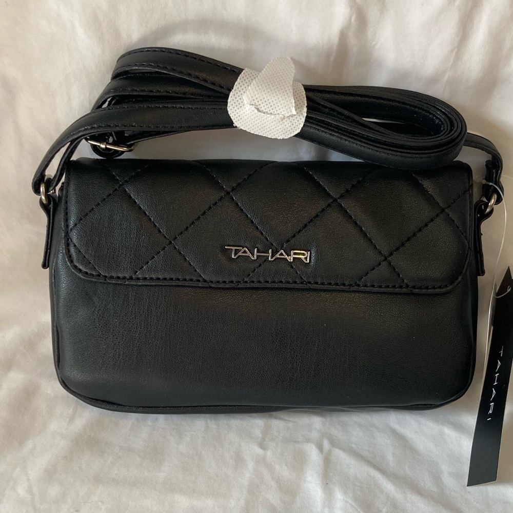 9-20 Tahari black small purse crossbody flap faux leather